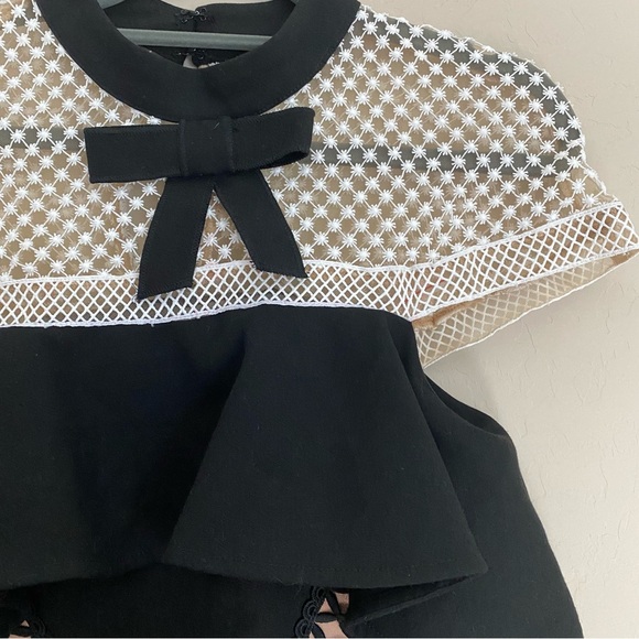 Self Portrait Black Crepe Lace Bow Cap Sleeve A Line Mini Dress - Picture 9 of 14